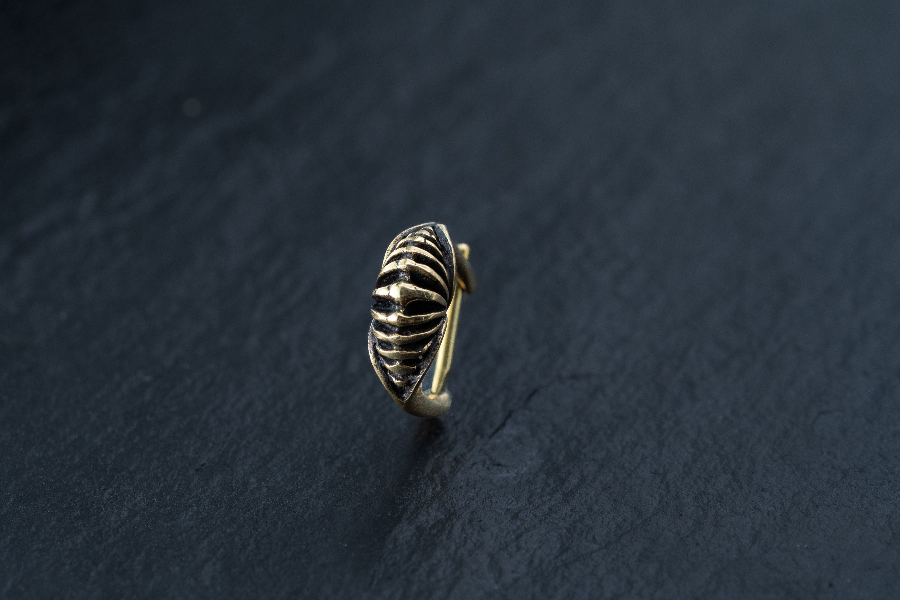 A close-up of the DIARA Biomechanical Clicker Hoop Septum Nose Ring in Gold by Kaya Movement, featuring black enamel detailing reminiscent of a scarab beetle, all set against a dark, textured background.